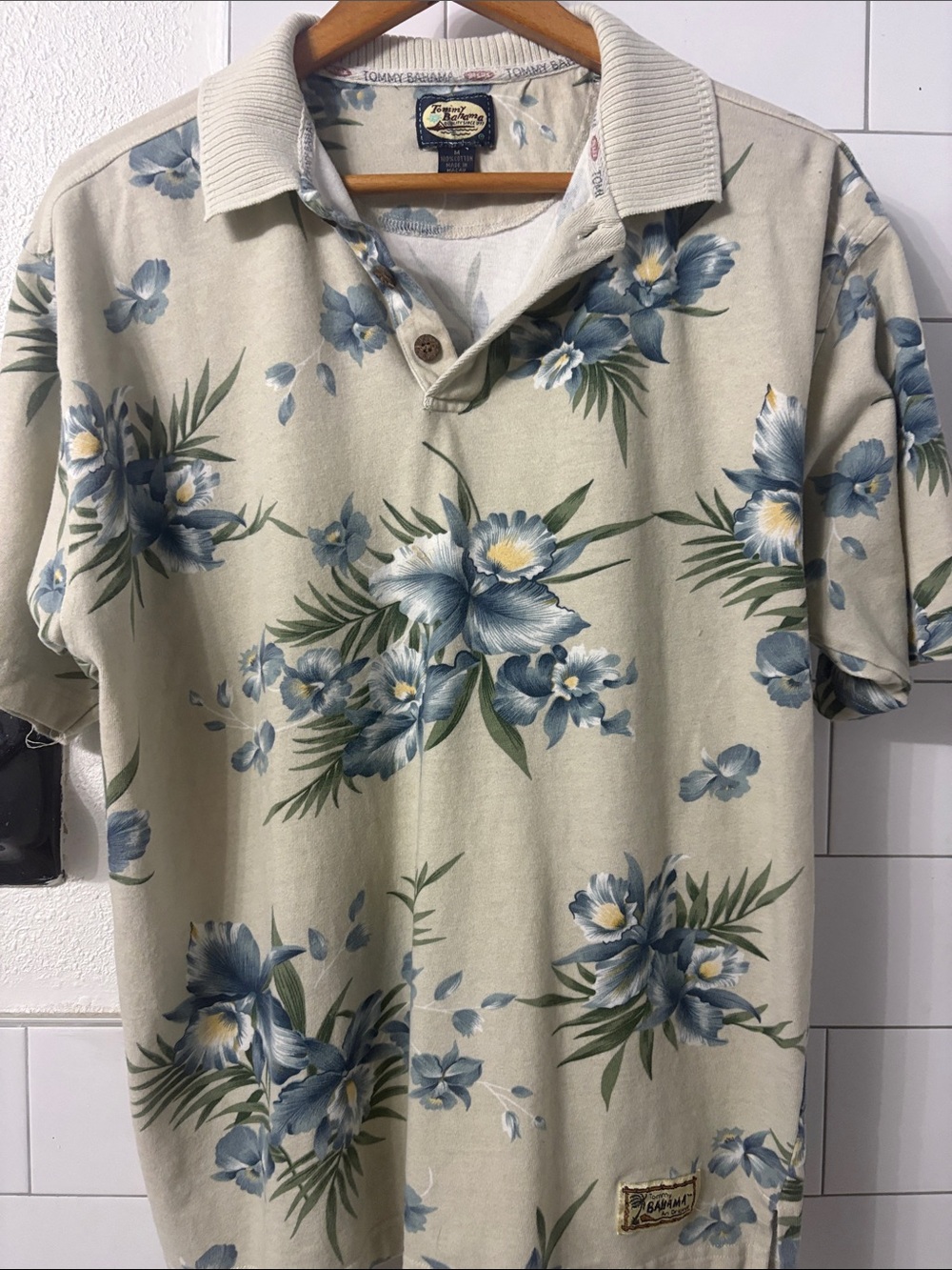 Tommy Bahama Original and Vintage Beige Polo with Blue Floral Print